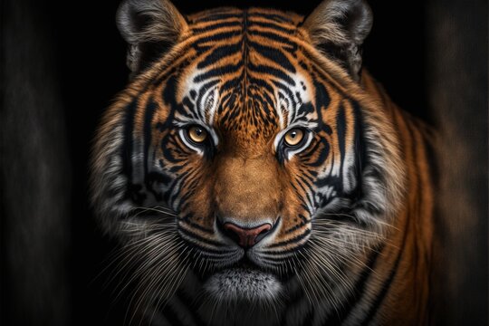  a tiger with a black background and a brown and black background with a white stripe on it's face. Generative AI
