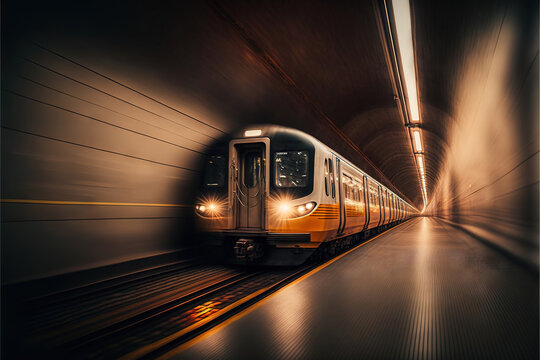  A Train Is Coming Down The Tracks In A Tunnel With Lights On It's Side And A Long Exposure Of The Train.