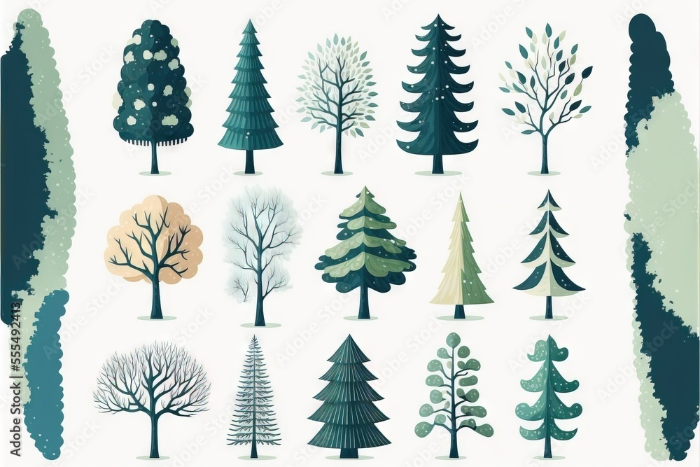 Poster a collection of trees with different colors and sizes on them. generative ai