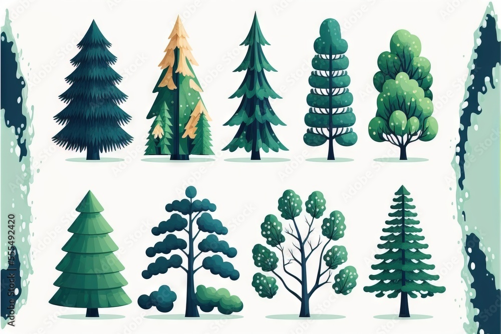 Poster a set of different types of trees and shrubs in a flat style. generative ai