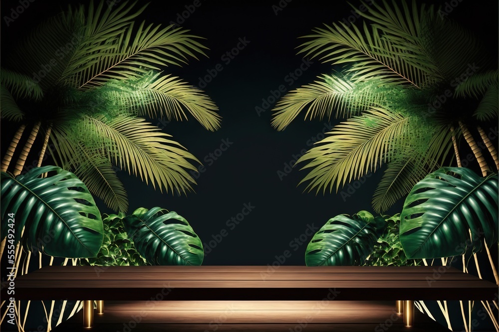 Poster a bench with a wooden table in front of a palm tree mural on a wall behind it. generative ai