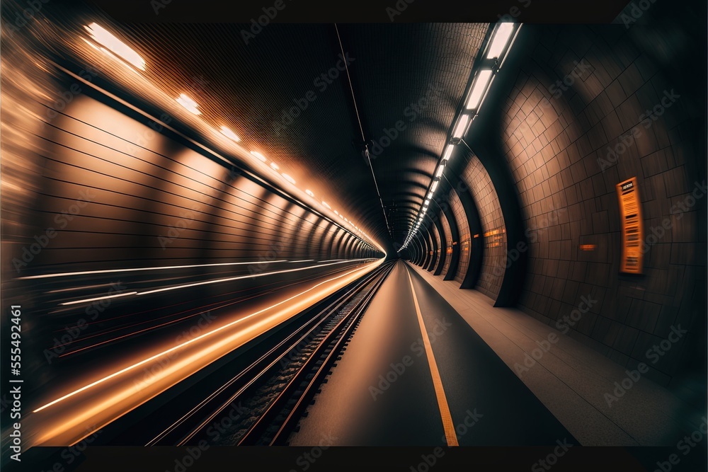 Poster a tunnel with a train moving through it and lights on the side of the tunnel and a yellow sign on th