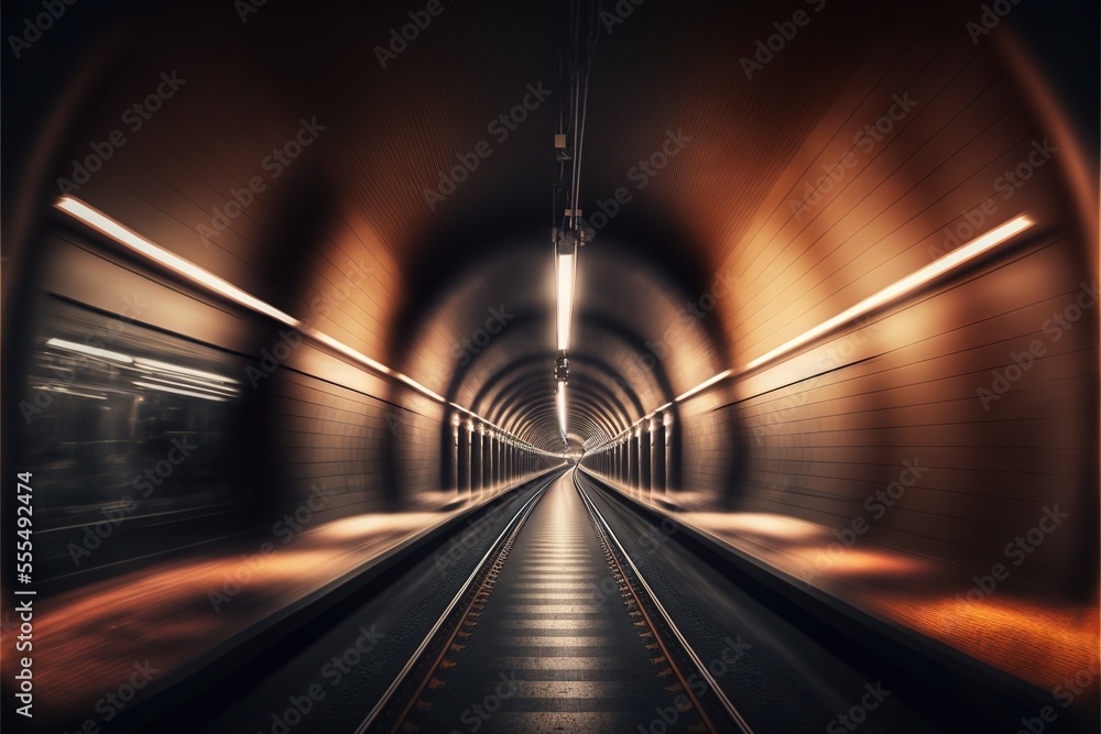 Poster a tunnel with a train going through it and lights on the ceiling and the floor are very long and dar