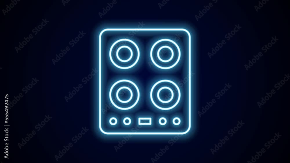 Poster Glowing neon line Gas stove icon isolated on black background. Cooktop sign. Hob with four circle burners. 4K Video motion graphic animation