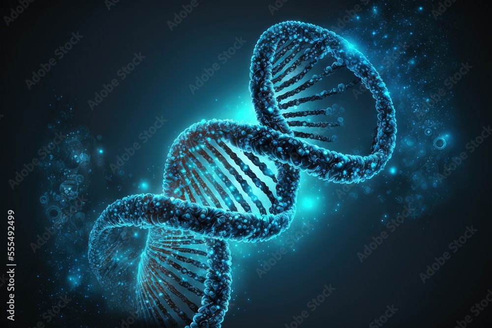 Poster a blue and black image of a double - stranded structure with bubbles and stars in the background. ge