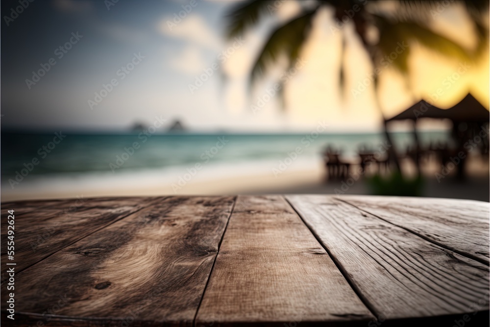 Poster a wooden table with a view of the ocean and a beach in the background with a palm tree in the foregr