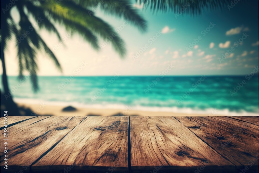 Poster a wooden table with a view of the ocean and a beach in the background with a palm tree in the foregr