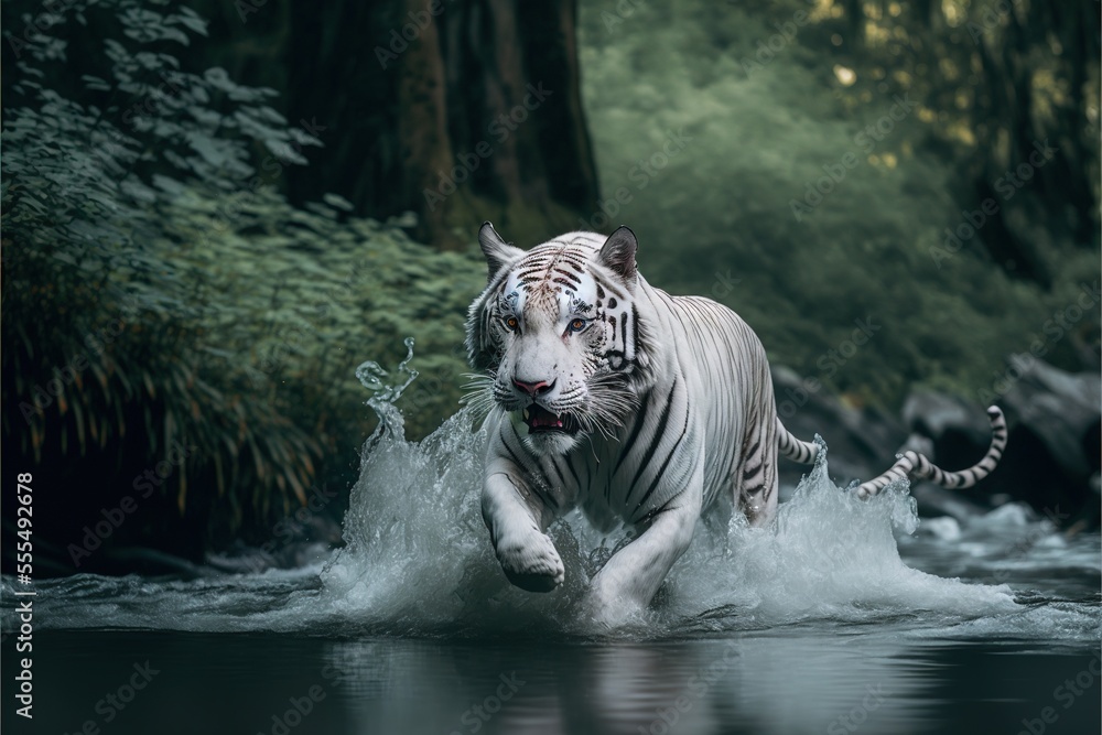 Aufkleber a white tiger running through a river in the woods with trees in the background and water splashing 