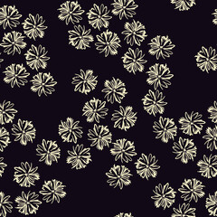 Seamless pattern from simple cute little meadow flowers. Hand drawn in white on a dark background. Spring-summer, gentle romantic children's print. vector
