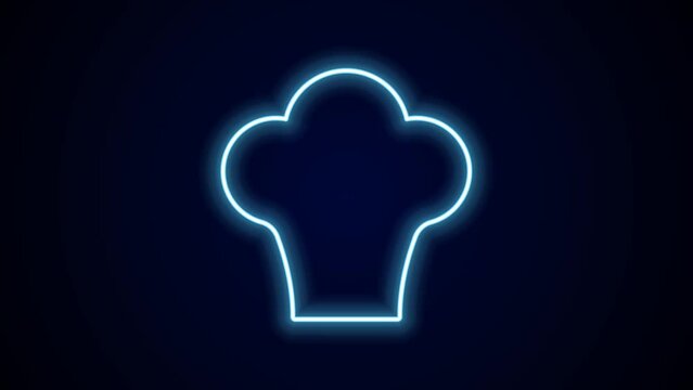 Glowing neon line Chef hat icon isolated on black background. Cooking symbol. Cooks hat. 4K Video motion graphic animation
