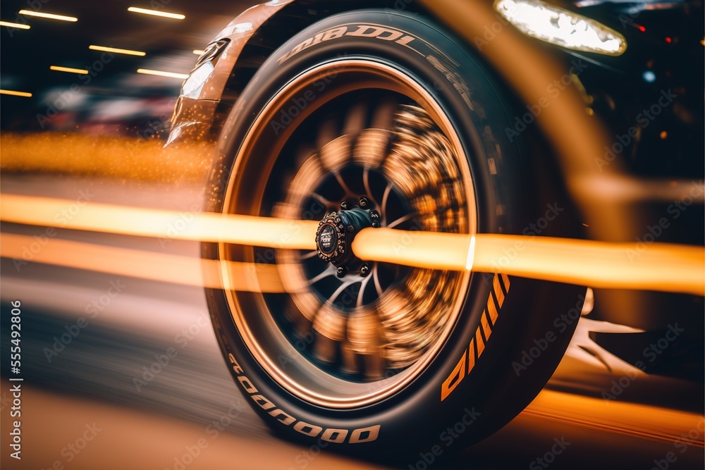 Poster a close up of a tire on a car on a road with a yellow line in the foreground. generative ai