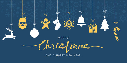 Naklejka premium Marry Christmas ornaments. Marry Christmas and happy new year greeting card with hanging christmas ornaments. Vector illustration.