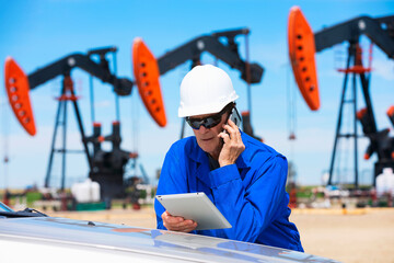 Man working on a tablet and smart phone with pumpjacks in the background; Alberta, Canada
