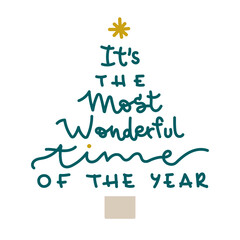 It's the wonderful time of the year tree lettering. Merry Christmas inspiration. Vector illustration, flat design