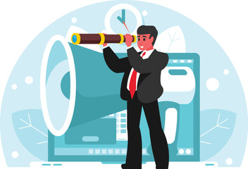 Concept of searching for new ideas. Digital marketing and promotion. Attracting human resources. Businessman looking through a spyglass. Search for new employees. Vector graphics