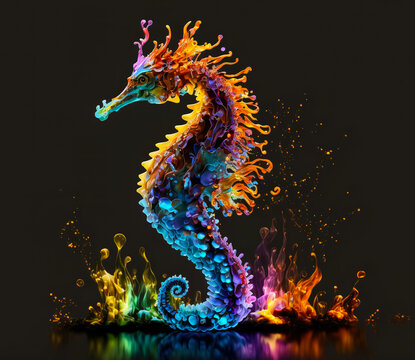 sea Horse dragon painting on a black background