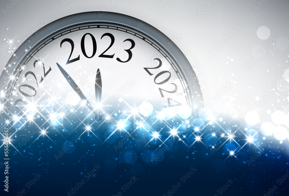 Poster clock with 2023 on blue background with bokeh and space for text.