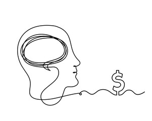 Man silhouette profile with dollar as line drawing on white background. Vector
