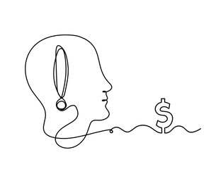 Man silhouette profile with dollar as line drawing on white background. Vector