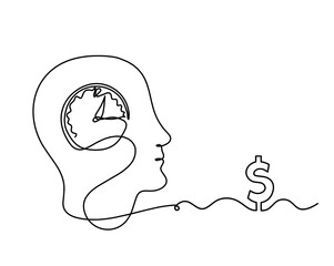 Man silhouette profile with dollar as line drawing on white background. Vector