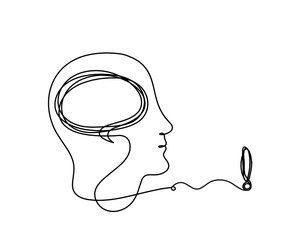 Man silhouette profile with exclamation mark as line drawing on white background. Vector