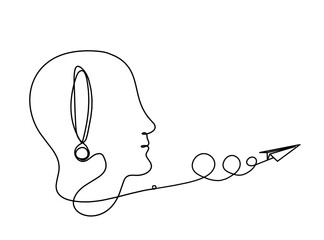 Man silhouette profile with paper plane as line drawing on white background. Vector