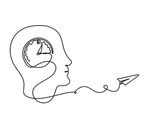 Man silhouette profile with paper plane as line drawing on white background. Vector