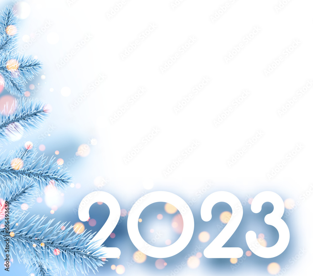 Poster 2023 sign with fir on blue background with yellow bokeh. space for text.
