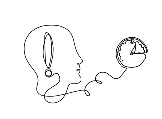 Man silhouette profile with comment and clock as line drawing on white background. Vector