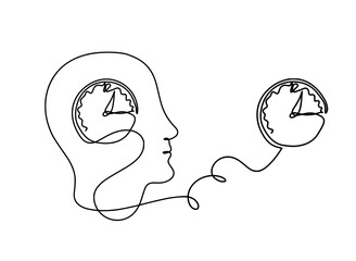 Man silhouette profile with brain as line drawing on white background. Vector