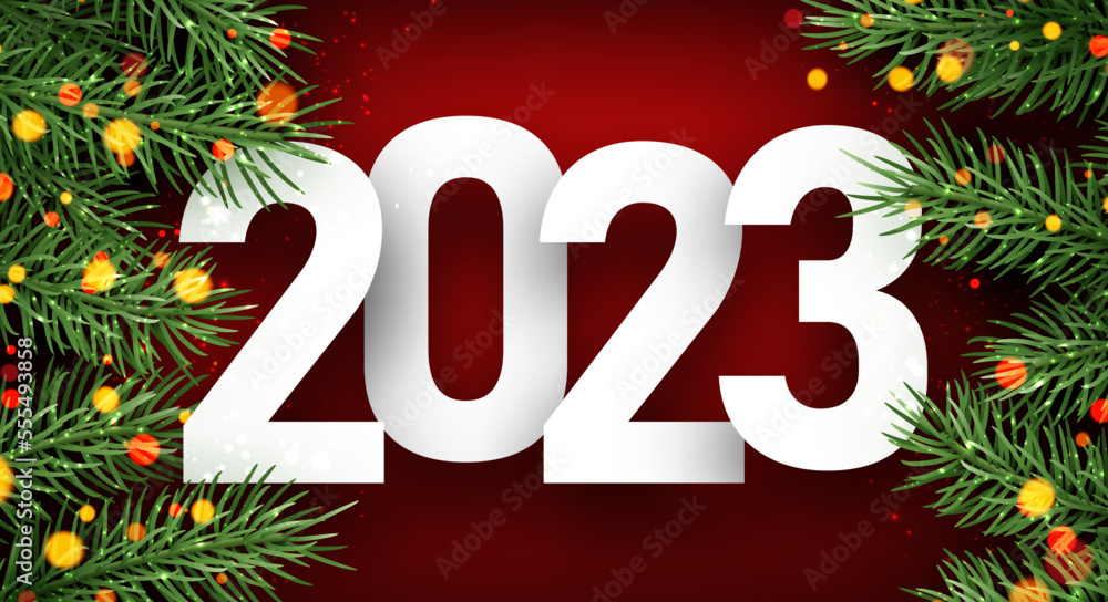 Poster 2023 sign on red background with green fir and bokeh.
