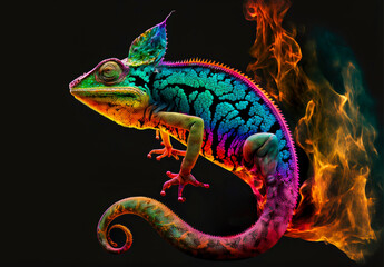 chameleon dragon with a colored pattern on a black background.