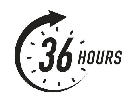 36 hours timer vector symbol black color style isolated on white background. Clock, stopwatch, cooking time label. 10 eps