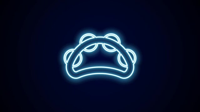 Glowing neon line Musical instrument percussion tambourine, with metal plates icon isolated on black background. 4K Video motion graphic animation