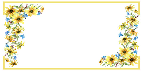 Watercolor floral illustration, frame, border, yellow flowers for wedding 
stationary, greetings and invitation card png .