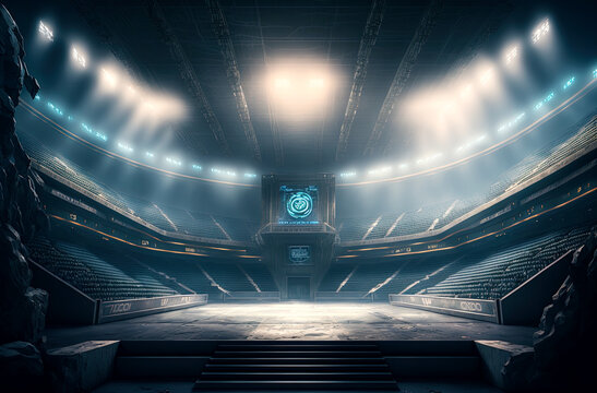 Empty abandoned sport arena illuminated with spotlights. Postproducted generative AI digital illustration.