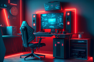  Gaming room with hardware and equipment colored in red and blue light. Postproducted generative AI digital illustration.