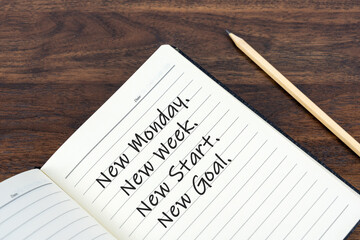 Inspirational quotes on note pad with text - New Monday, New week, new start, new goal.