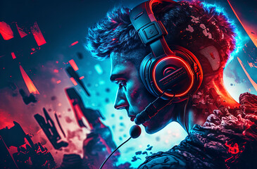 Scene of professional eSports gamer in profile colored with red and blue light. Non-existent person in generative AI digital illustration.
