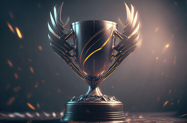 Winner trophy at studio illuminated by bright light and blurred sparks on background. Postproducted generative AI digital illustration. - obrazy, fototapety, plakaty
