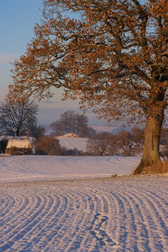 Thatched cottage at a fantastic rural location in beautiful winter landscape with snowy fields and hills.