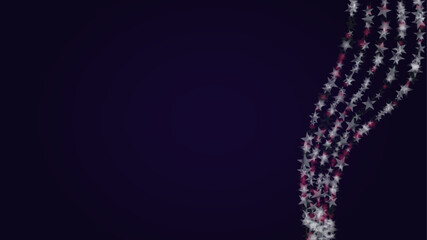 Vector Magical Glowing Background with Silver and Purple Falling Stars on Black. Christmass and New Year Poster. Glittery Confetti Frame. Sparkle Star Night Banner Design.