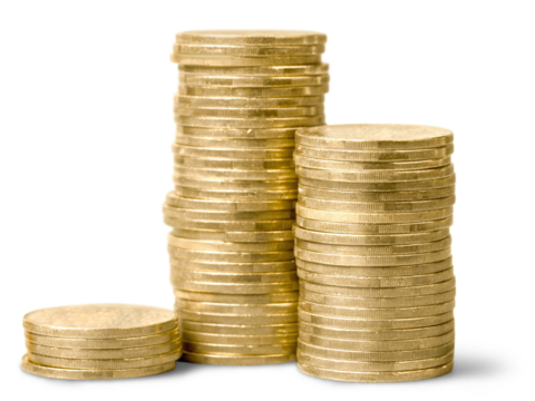 Golden coin stacks on a white background