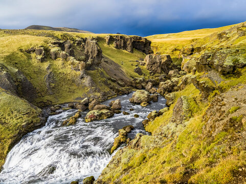 Skogafoss is one of Iceland&rsquo;s biggest and most beautiful waterfalls with an astounding width of 25 meters and a drop of 60 meters; Rangarping eystra, Southern Region, Iceland