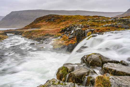Dynjandi (also known as Fjallfoss) is a series of waterfalls located in the Westfjords, Iceland. The waterfalls have a total height of 100 metres; Isafjardarbaer, Westfjords, Iceland