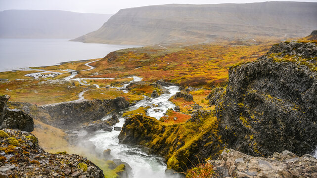Dynjandi (also known as Fjallfoss) is a series of waterfalls located in the Westfjords, Iceland. The waterfalls have a total height of 100 metres; Isafjardarbaer, Westfjords, Iceland