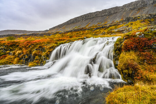 Dynjandi (also known as Fjallfoss) is a series of waterfalls located in the Westfjords, Iceland. The waterfalls have a total height of 100 metres; Isafjaroarbaer, Westfjords, Iceland