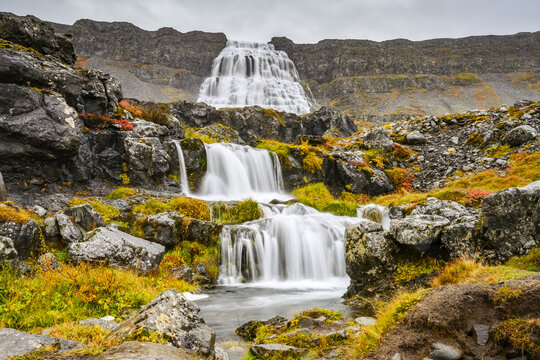 Dynjandi (also known as Fjallfoss) is a series of waterfalls located in the Westfjords, Iceland. The waterfalls have a total height of 100 metres; Isafjaroarbaer, Westfjords, Iceland