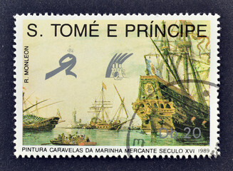 Cancelled postage stamp printed by Sao Tome and Principe, that shows Blades of grass, butterflies,...