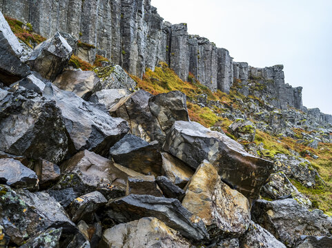 Gerduberg is a cliff of dolerite, a course-grained basalt rock, located on the Western peninsula Snaefellsnes; Eyja- og Miklaholtshreppur, Western Region, Iceland